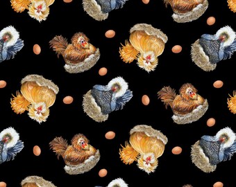 Down on the Farm Black Polish Hens Allover Toss by Lisa Sparling for Henry Glass Fabrics