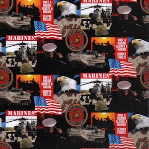 US Marine Military Patch Block Print Sykel Enterprises Marine Military Cotton Fabric