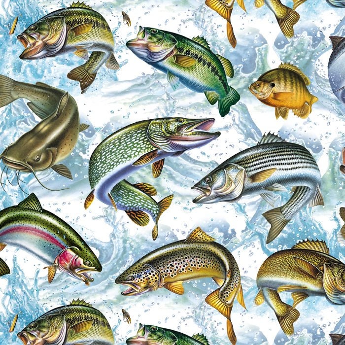 Fish Spotted Bass Green Green-Blue Cotton Fabric Riverwoods Sport Fishing ~ Yard 