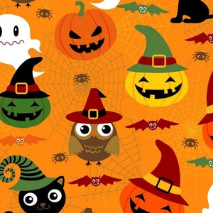 May include: A repeating pattern of Halloween-themed illustrations on an orange background. The design includes jack-o'-lanterns, owls, bats, spiders, ghosts, and black cats, all wearing witch hats. The background features spiderwebs.