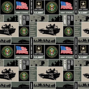 May include: A black and green fabric pattern with a repeating design of the US Army logo, the words "Army Strong", and images of soldiers, tanks, and helicopters. The text "Are You Army Strong?" is also repeated throughout the pattern.