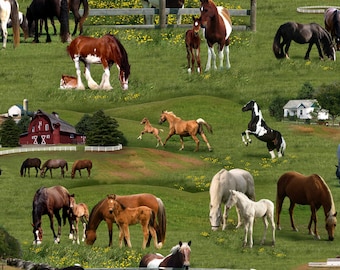 Farm Animals Horses Green by Elizabeth's Studio 339-Green 100% Cotton Fabric Yardage