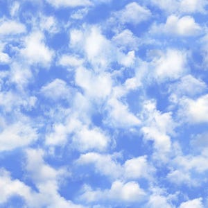 May include: A seamless pattern of a bright blue sky filled with fluffy white clouds. The clouds vary in size and shape, creating a dynamic and airy composition. The image evokes a sense of openness and tranquility.