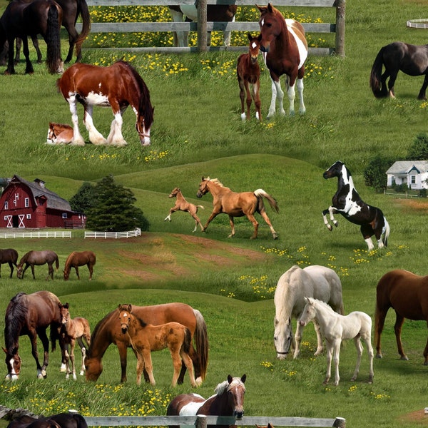 Farm Animals Horses Green by Elizabeth's Studio 339-Green 100% Cotton Fabric Yardage