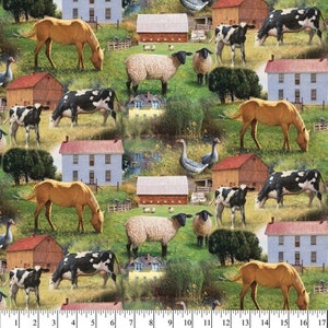May include: A repeating pattern featuring a rural farm scene. The design includes horses, cows, sheep, geese, barns, and houses set against a green grassy landscape. The image is measured in inches.