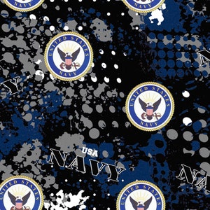 Navy Abstract Geo Logo Military Print Sykel Enterprises Military Cotton Fabric image 1