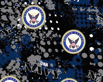 Navy Abstract Geo Logo Military Print Sykel Enterprises Military Cotton Fabric