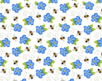 Sunny Sunflowers White, Tossed Bees and Blue Flowers by Sharla Fults for StudioE Fabrics