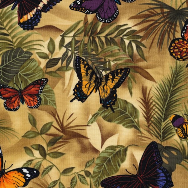Colorful Butterfies, Rain C3518 Neutral Butterflies On Leaves by Timeless Treasures