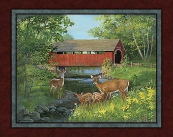 Covered Bridge Deer Scene Digital 36in x 44in Panel by Persis Clayton for Springs Creative