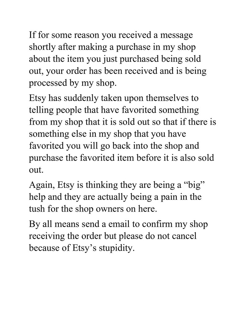 Puede incluir: Una p&aacute;gina blanca con texto negro. El texto explica la pol&iacute;tica de una tienda con respecto a los art&iacute;culos agotados y las notificaciones de Etsy. Aconseja a los clientes que confirmen los pedidos por correo electr&oacute;nico y que no los cancelen debido a los problemas de Etsy.