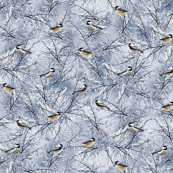 Chickadees Winter Bird ,Blue Winter Frost by Timeless Treasures