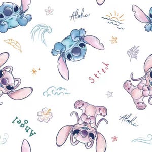 May include: White fabric featuring a repeating pattern of the characters Stitch and Angel from Lilo & Stitch. The design includes the words "Aloha" and "Stitch", along with tropical elements like flowers and waves.