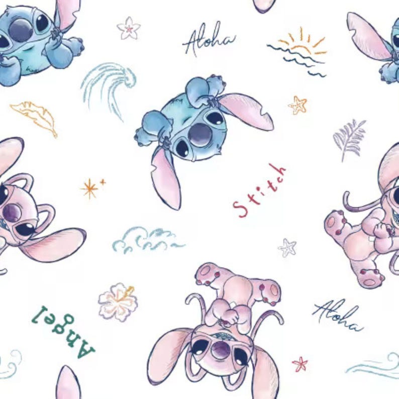 May include: White fabric featuring a repeating pattern of the characters Stitch and Angel from Lilo & Stitch. The design includes the words "Aloha" and "Stitch", along with tropical elements like flowers and waves.