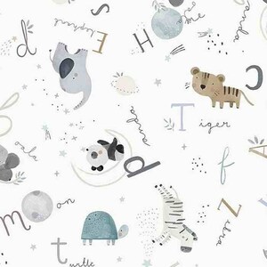 May include: A white background with a repeating pattern of animals and letters. The animals include a panda, elephant, koala, tiger, turtle, and zebra. The letters are in a handwritten font and are in grey, black, and gold. The background is filled with small stars and dots.