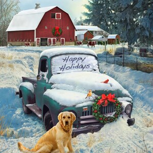 May include: A winter scene featuring a teal pickup truck covered in snow with "Happy Holidays" on the windshield. A golden retriever sits in the snow. A red barn and wreath add holiday cheer.