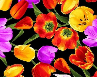 Multi Colored Tulips, Packed Tulips Timeless Treasures TT-Flora C1197 Black Garden Bouquet