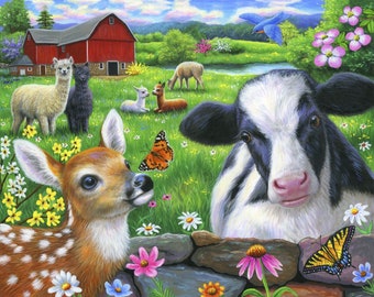 Friends at the Farm, 35in x 44in Panel Digital Print From David Textiles