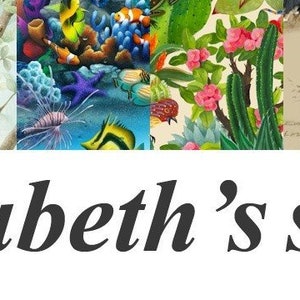 May include: A collage of fabric designs featuring a variety of themes, including nature, animals, and cultural motifs. The fabrics are colorful and vibrant, with a mix of patterns and textures. The text "elizabeth's studio llc" is displayed at the bottom of the image.