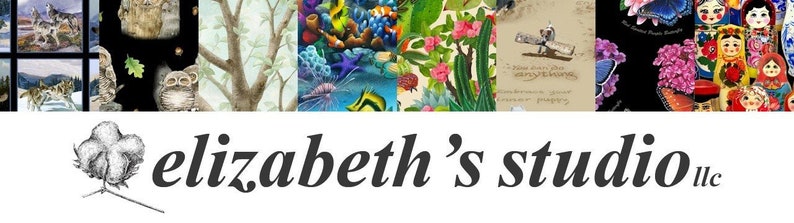 May include: A collage of fabric designs featuring a variety of themes, including nature, animals, and cultural motifs. The fabrics are colorful and vibrant, with a mix of patterns and textures. The text "elizabeth's studio llc" is displayed at the bottom of the image.