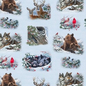 May include: A blue and white wintery pattern featuring various animals including bears, deer, raccoons, wolves, and birds. The pattern is perfect for fabric, wallpaper, or wrapping paper.