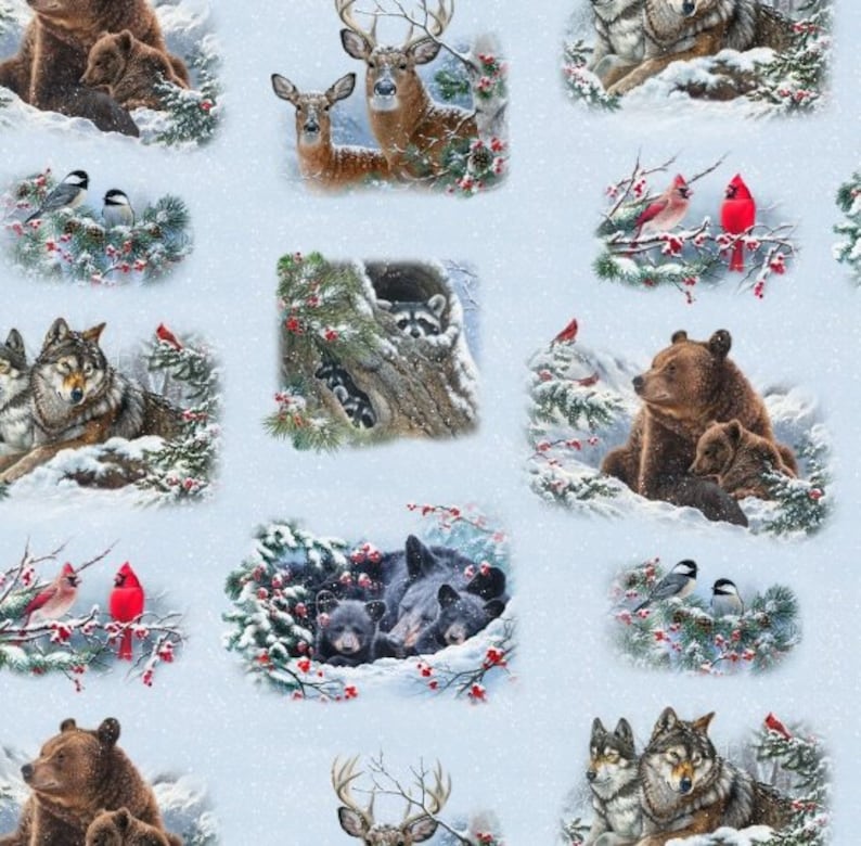 May include: A blue and white wintery pattern featuring various animals including bears, deer, raccoons, wolves, and birds. The pattern is perfect for fabric, wallpaper, or wrapping paper.
