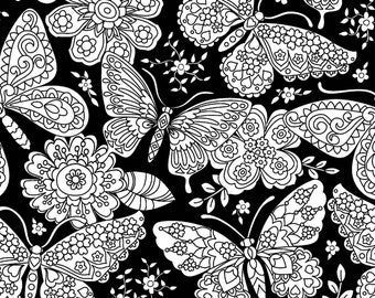 May include: Black and white seamless pattern with intricate butterfly and flower designs. The butterflies have detailed wings and bodies, and the flowers have multiple layers of petals. The pattern is perfect for coloring books, fabric designs, and other creative projects.