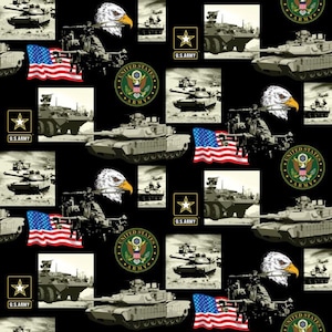 May include: A black fabric pattern featuring repeating military imagery including United States Army logos, American flags, bald eagle heads, and various armored tanks. The design incorporates square-framed scenes of combat vehicles and circular emblems.