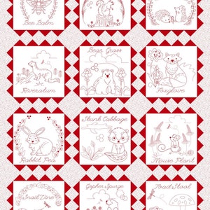 May include: A quilt featuring red and white squares with embroidered images of animals and plants. Each square has a red border and a white background with a detailed illustration and a handwritten label. The images include a bee, squirrel, hedgehog, bear, fox, rabbit, skunk, mouse, snail, gopher, and frog.