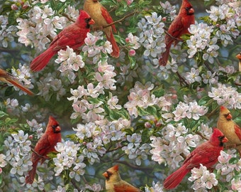 Red Cardinals in Spring Orchard Scenic Allover David Textiles AS-0078-2C-1 Multi