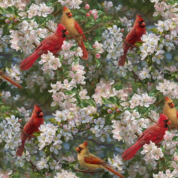 Red Cardinals in Spring Orchard Scenic Allover David Textiles AS-0078-2C-1 Multi