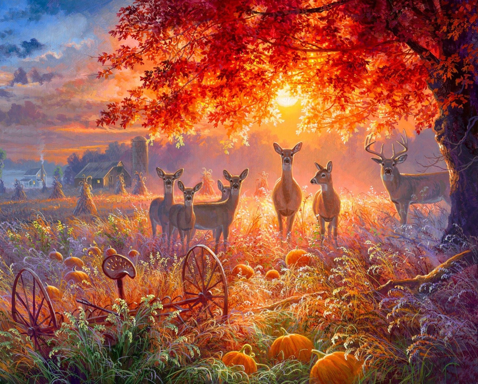 Through The Forest Light Deer Family Whitetail  35" x 44" Fall Deer Panel by Abraham Hunter for 3 Wishes 20730Multi