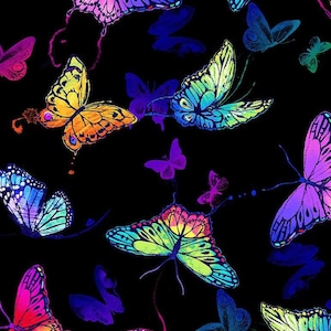 May include: A black background with a colorful butterfly pattern. The butterflies are in various shades of blue, green, purple, orange, and red. The butterflies are arranged in a random pattern.