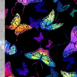 May include: A black background with a repeating pattern of colorful butterflies. The butterflies are in various shades of pink, purple, blue, green, yellow, and orange.