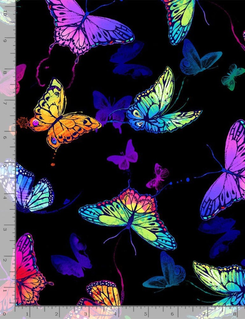 May include: A black background with a repeating pattern of colorful butterflies. The butterflies are in various shades of pink, purple, blue, green, yellow, and orange.