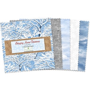 May include: A set of five 5-inch fabric squares featuring a wintery scene with snow-covered trees, a brick wall, and a blue watercolor background. The fabric squares are labeled "Bringing Home Christmas" by Joelle Hoare.