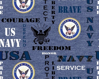 US Navy Military Branch Cotton Fabric, Heather Print Sykel Enterprises, US Navy Heather Print