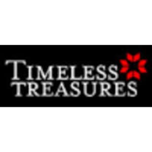 May include: A silver logo with the text "TIMELESS TREASURES" in a bold, sans-serif font. The logo is set against a black background and features a red, stylized flower with six petals.