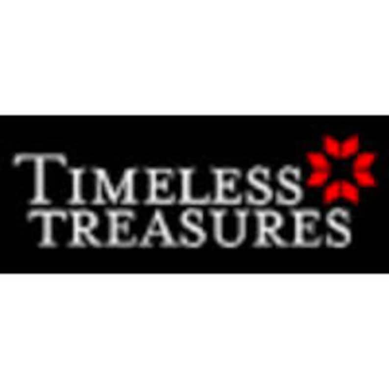 May include: A silver logo with the text "TIMELESS TREASURES" in a bold, sans-serif font. The logo is set against a black background and features a red, stylized flower with six petals.