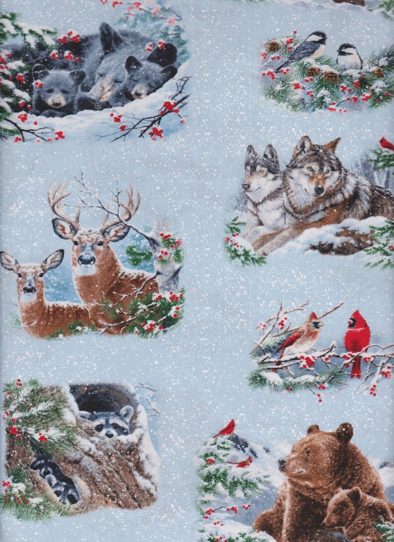 May include: A blue fabric with a wintery pattern featuring bears, wolves, deer, raccoons, and cardinals. The fabric has a snowy background with red berries and pine branches.