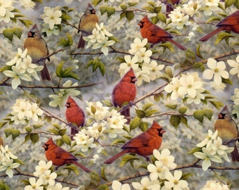 Red Cardinals in Apple Orchard Scenic Allover David Textiles AS-0096-2C-1 Multi