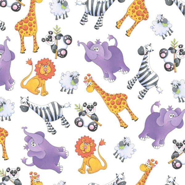 Jungle Animals, Noah's Story Tossed Jungle Animals Fabric By Delphine Cubbit for Henry Glass Fabrics