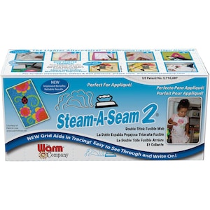 May include: A box of Steam-A-Seam 2 double stick fusible web for appliqué. The box is blue and white with a picture of a child wearing an appliquéd apron. The text on the box reads "Steam-A-Seam 2" and "Double Stick Fusible Web".