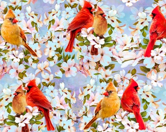 Red Cardinal Pair in Dogwood Scenic Allover Print Fabric David Textiles GG-0036-9C-1 Blue
