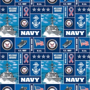 May include: A repeating pattern featuring navy-themed imagery. The design includes images of naval ships, aircraft carriers, the American flag, anchors, and the U.S. Navy seal. The words "U.S. Navy," "Welcome Aboard," and "Navy" are also present.