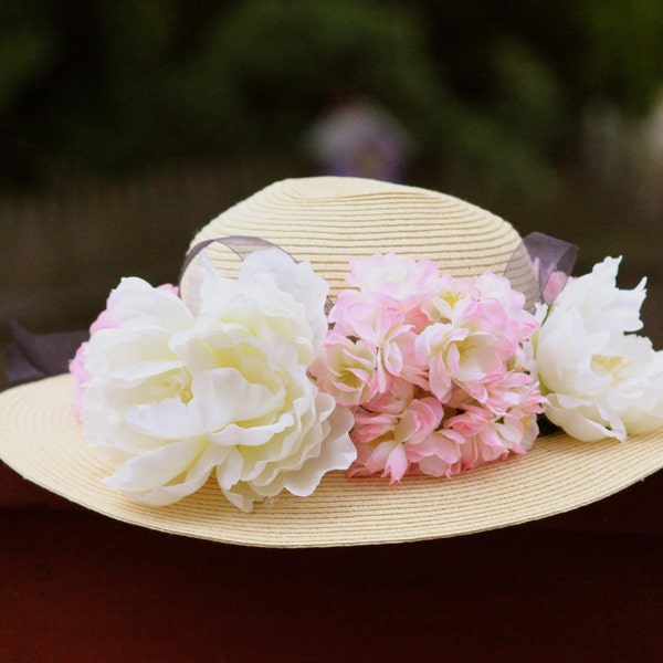 Natural Straw Kentucky Derby Style , white and pink floral wide Brimmed Hat