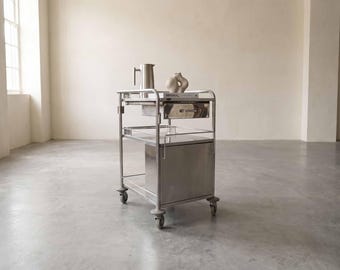 Wózek do serwowania ze stali nierdzewnej STÅLVOGN w stylu vintage | Wózek medyczny w stylu industrialnym | Wózek na kółkach | Lata 70. | Wzornictwo loftowe | Meble ze stali nierdzewnej
