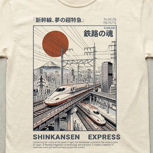 Shinkansen Express Train Illustration T-Shirt, Retro Japanese Rail Vintage Poster Tee, Vintage Japan Cotton Top