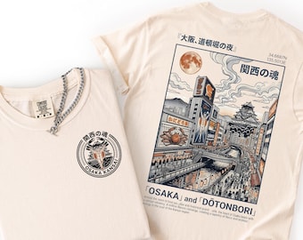 Camiseta con ilustración trasera de Osaka Dotonbori, Japón, con logo en la parte delantera, estilo retro japonés Ukiyo-e, estilo urbano, camiseta vintage de algodón japonés.