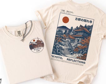 Camiseta con ilustración en la espalda "Kyoto Reflections", camiseta retro japonesa con estampado de templo estilo Ukiyo-e, camiseta vintage de algodón japonés.